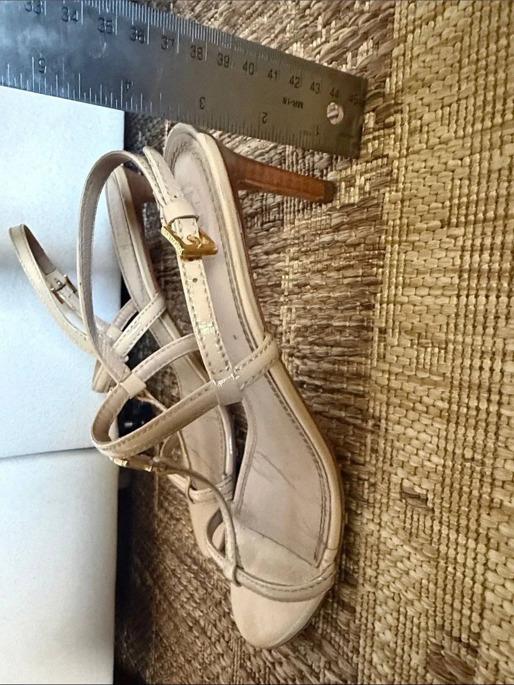 Tory Burch Beige Patent Leather T-Strap Slingback Heels